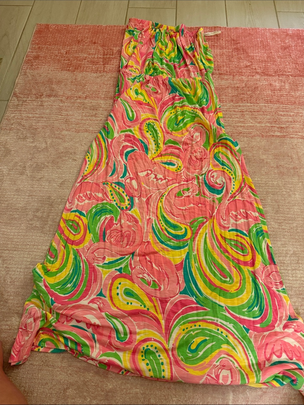 Lilly Pulitzer Strapless Maxi Dress in Pink, Green & Yellow Swirl Print